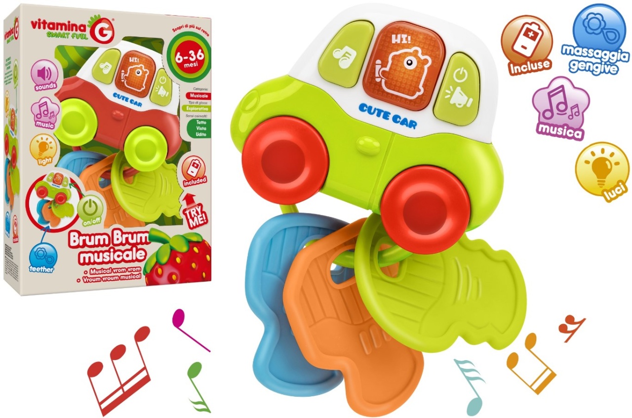 Jucarie interactiva si muzicala pentru bebelusi, Globo Vitamina G, sub forma unui breloc tip masinuta cu chei multicolore din material moale pentru