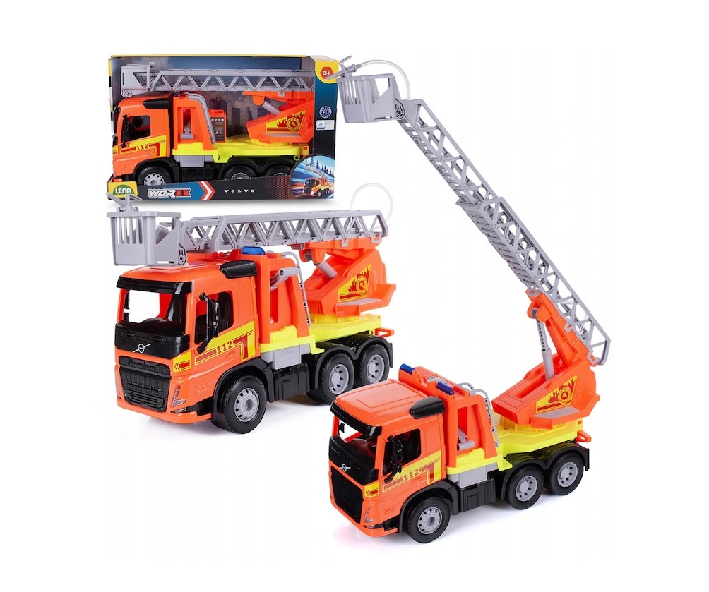 Jucarie pentru copii, Camion Pompieri WORXX Kipper Volvo FMX, Lena, din plastic, 49 cm lungime, cu scara functionala si furtun stropitor, rezervor