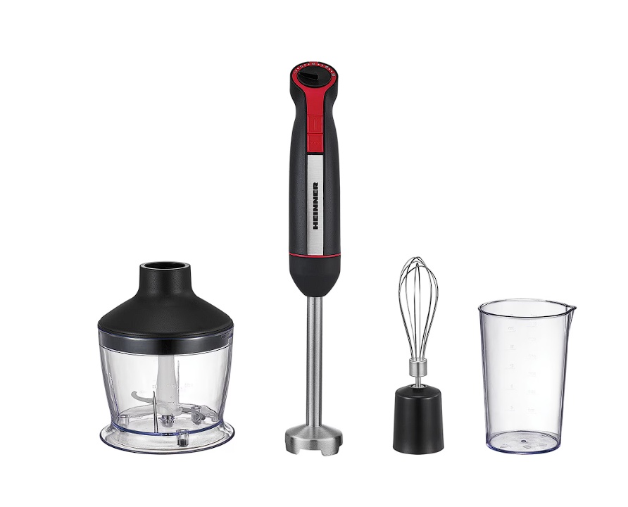 Mixer vertical Heinner HHB-DC1200BKRD, 1200w, motor DC, viteza variabila + turbo, picior blender inox, lame inox, accesorii: tel, tocator (500ml),