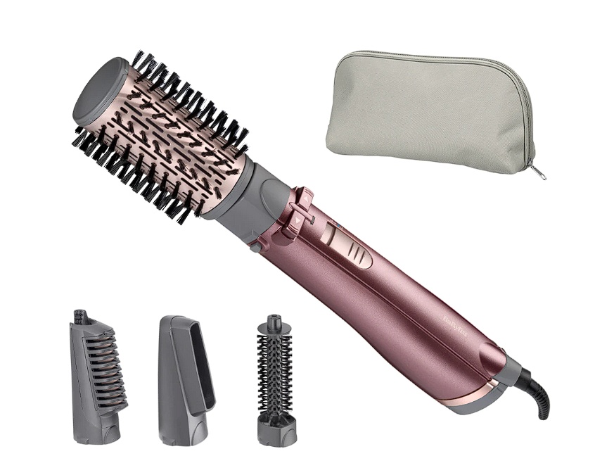 Perie rotativa BaByliss AS960E, 1000W, Ionizare, 4 Accesorii, 2 Setari temperatura/viteza, Cool-Shot, geanta depozitare, Roz-Gri, Resigilat, Grad A