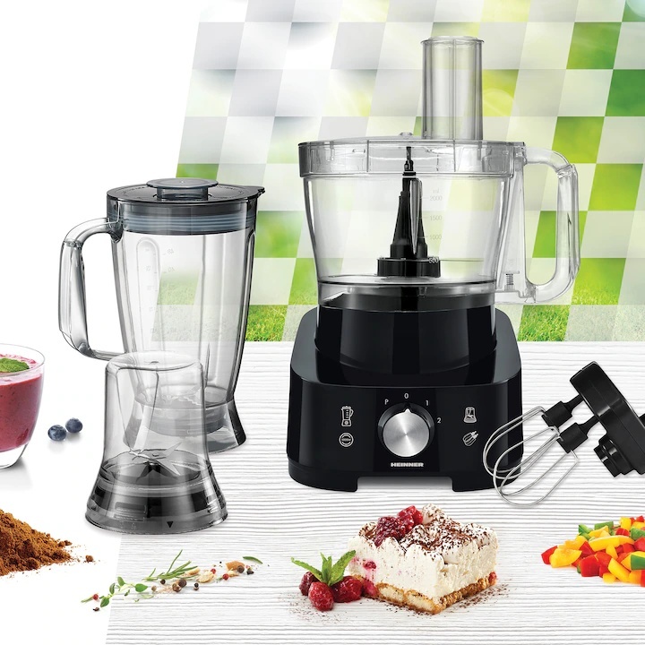 Robot de bucatarie Heinner Cookery Chef HFP-1000BK, 1000W, blender si rasnita incluse, capacitate bol 3.5L, capacitate blender 1.8L, 2 viteze +