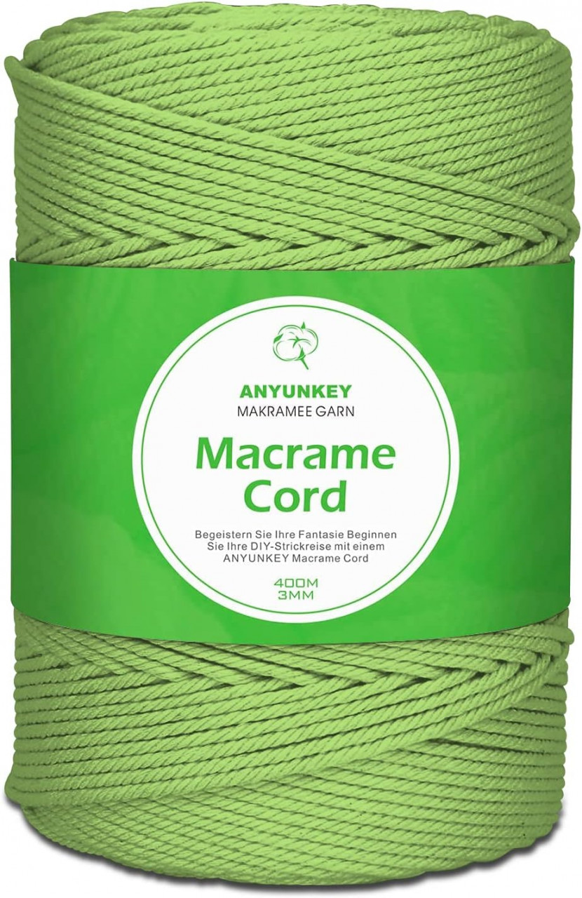 Rola de macrame pentru mestesuguri ANYUNKEY, bumbac, verde, 400m x 3 mm