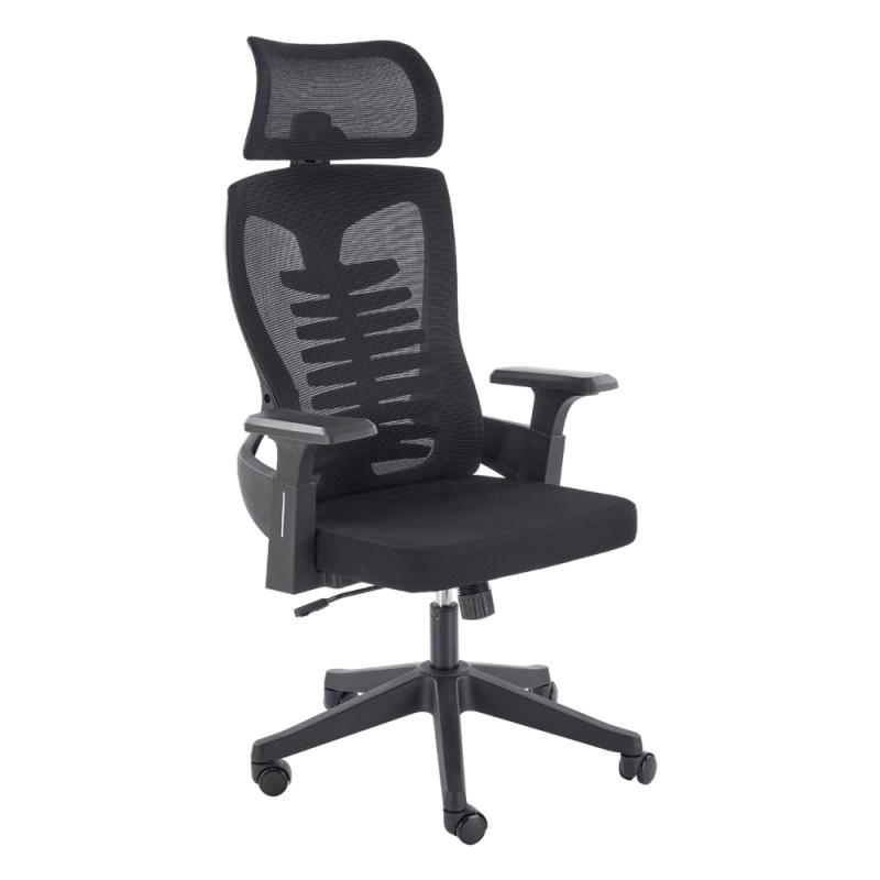 Scaun birou egonomic HM Polon, mesh, mecanism inclinare, baza polipropilena, suport lombar, tetiera, 100 kg, negru