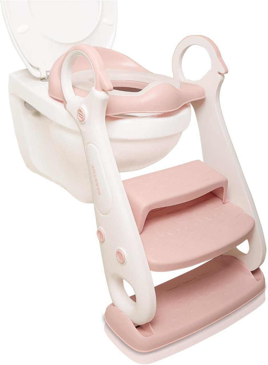 Scaun toaleta pentru copii Beartop, cu trepte, polipropilena, alb/roz, 42 x 30 x 38-48 cm