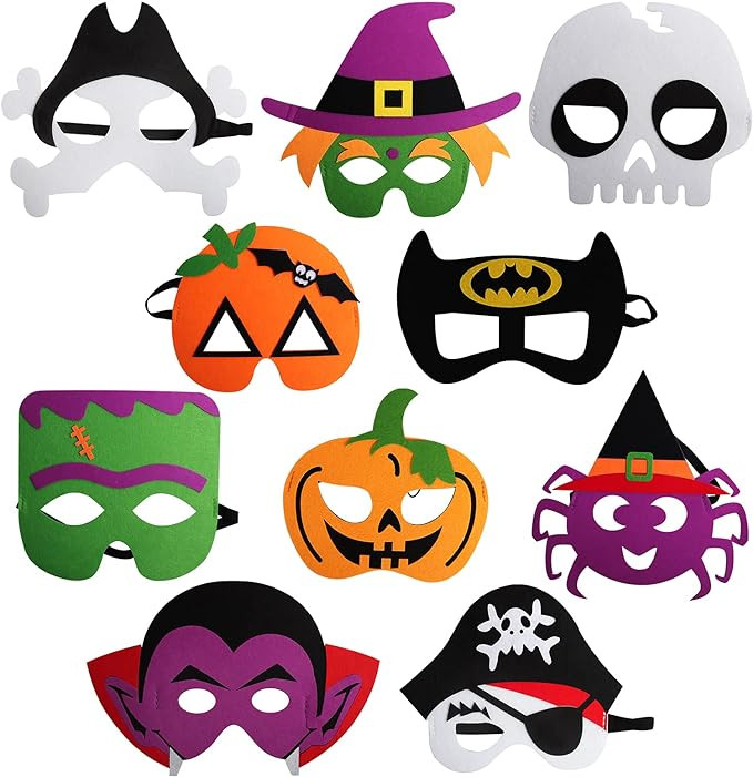 Set 10 masti de Halloween pentru copii Yisscen, pasla, multicolor