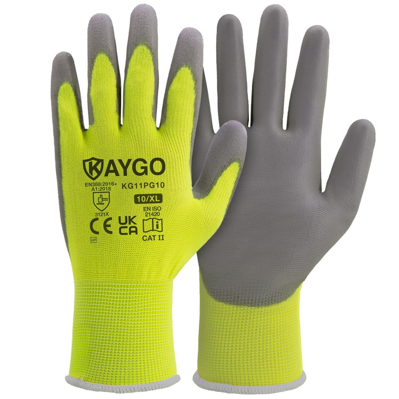 Set 12 perechi manusi de lucru KAYGO, bumbac/poliuretan, gri/verde, marimea XL