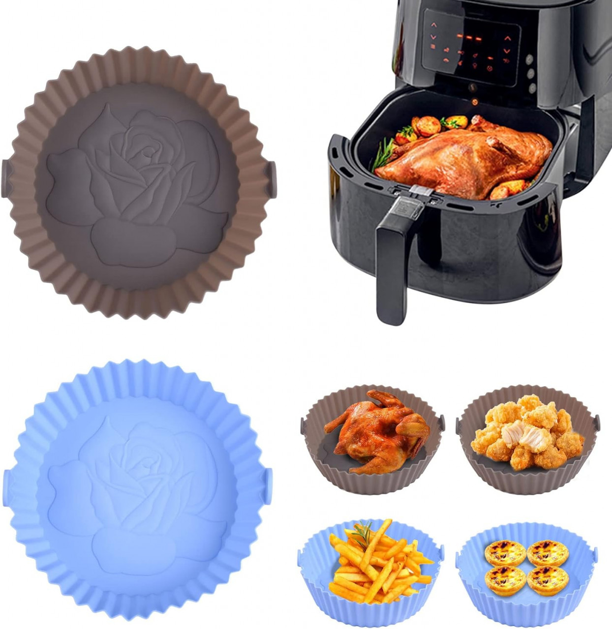 Set 2 cosuri pentru friteuza cu aer Juingio, silicon, gri inchis/albastru, 20,7 x 16,5 x 6,7 cm