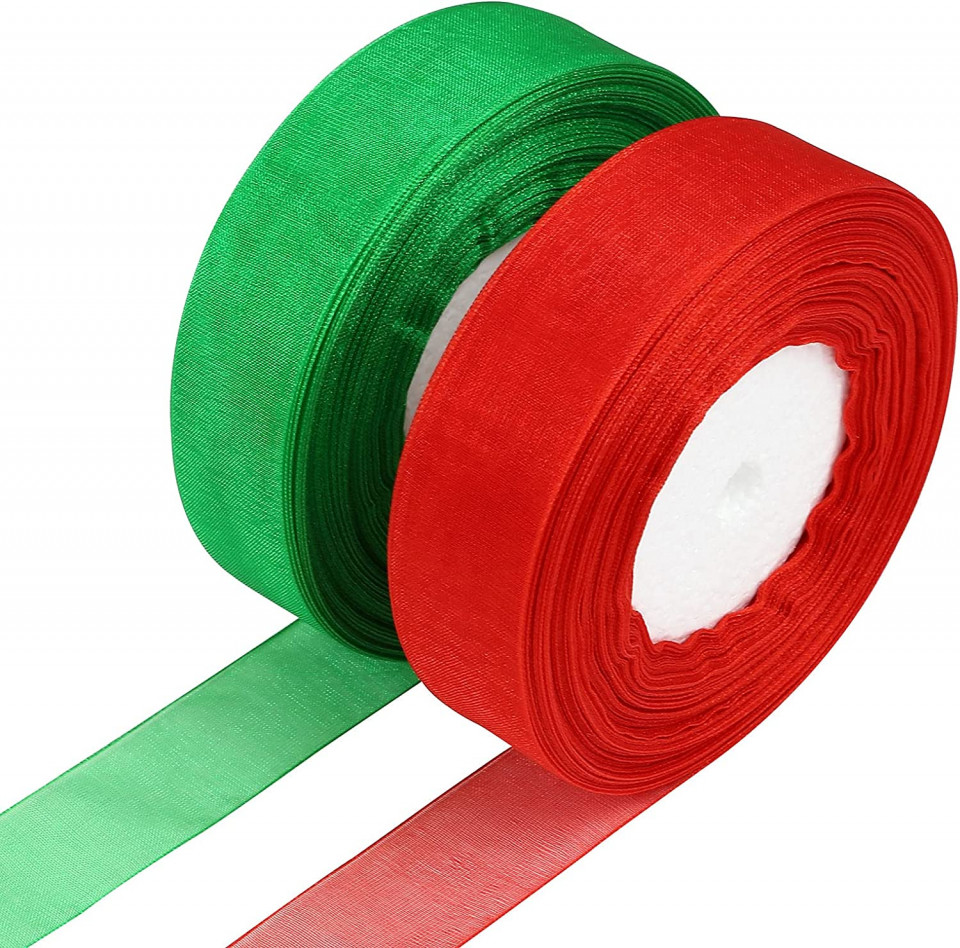 Set 2 role de panglica Kesote, textil, rosu/verde, 25 m x 2,5 cm