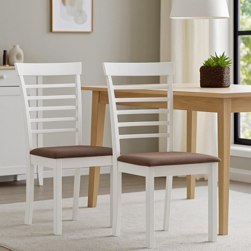 Set 2 scaune dining / bucatarie Drimus Montreal, lemn masiv, tapiterie stofa, sarcina maxima 100 kg, 94x49x40 cm, alb/maro