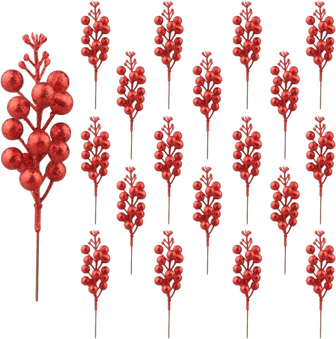 Set 20 fructe de padure artificiale Jangostor, matase/metal/spuma, rosu, 19 cm
