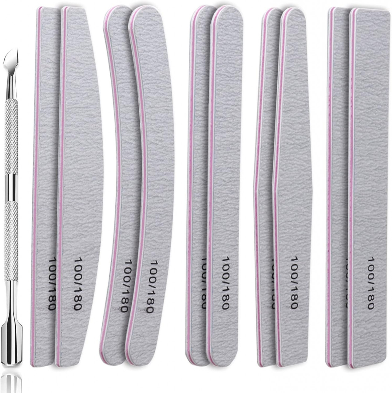 Set de 10 pile pentru unghii si un curatator Wiwj, otel inoxidabil/cristal, gri/roz/argintiu