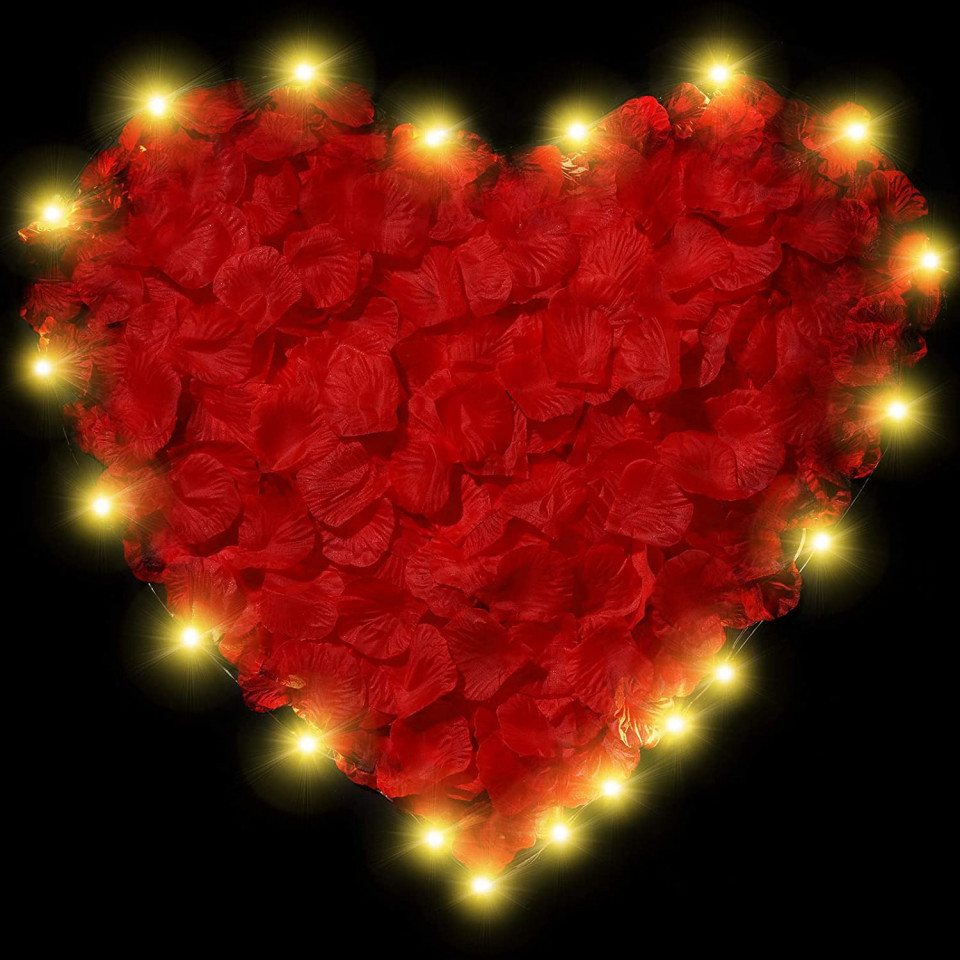 Set de 1000 petale de trandafir cu sir LED Sumind, textil, rosu, 5 x 5 cm 1000