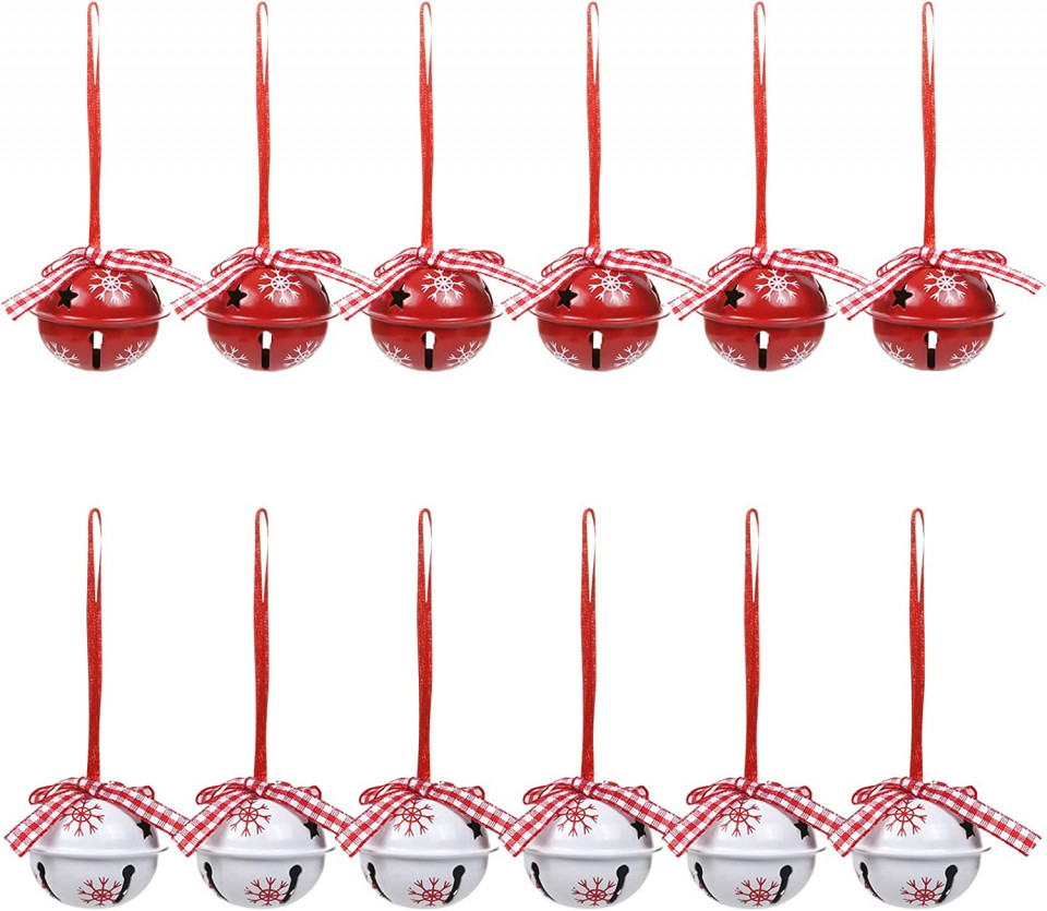 Set de 12 clopotei pentru bradul de Craciun LEMESO, metal, alb/rosu, 3,7 x 10,5 cm 105 pret redus