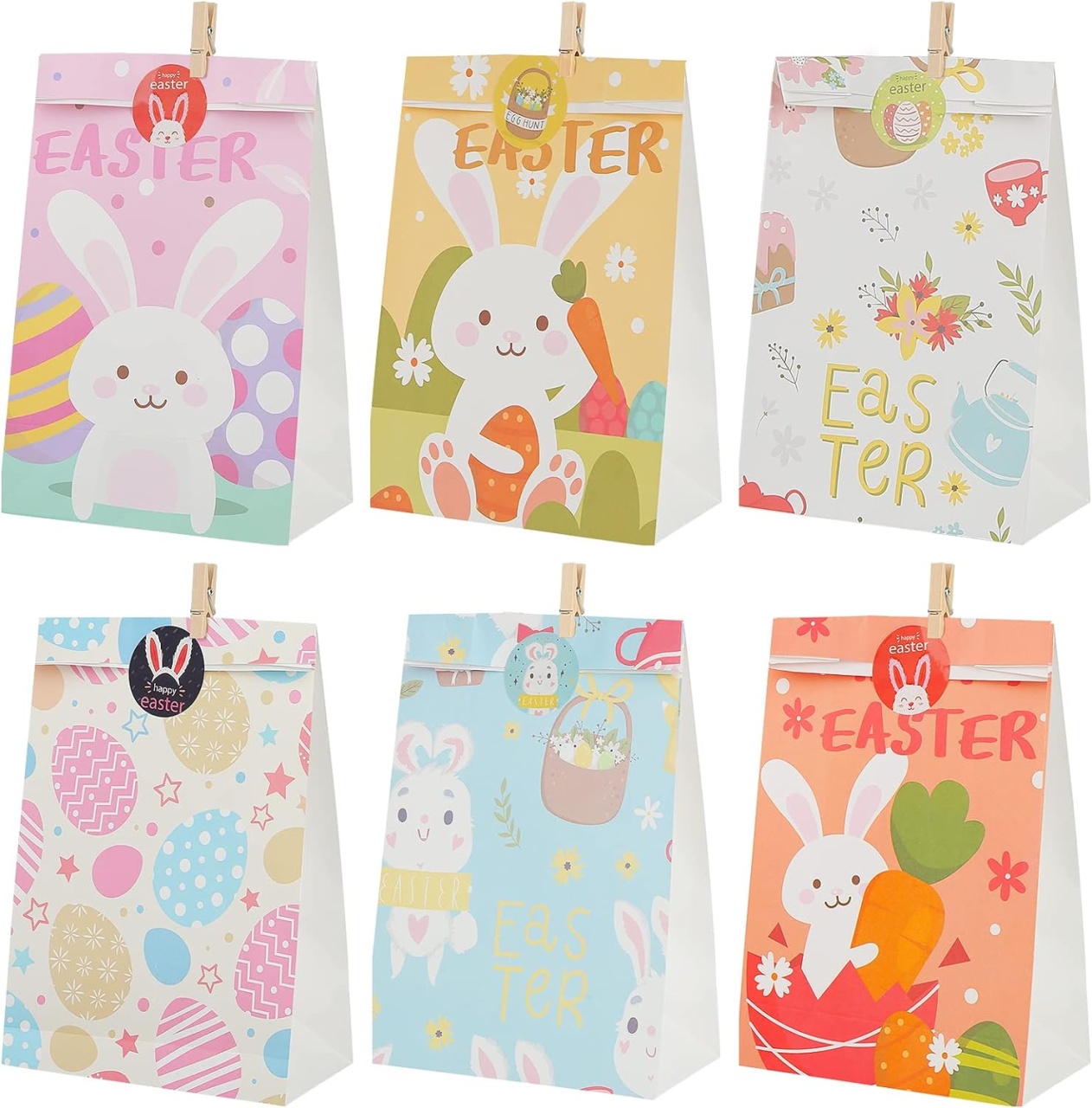 Set de 12 pungi cu stickere si cleme Koogel, hartie/lemn/metal, multicolor, 15 x 8 x 24 cm