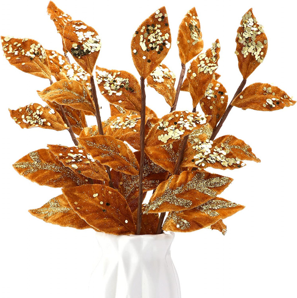 Set de 15 crengute cu frunze decorative Geosar, metal/matase, maro/auriu, 34 x 10 cm Artificiale imagine noua