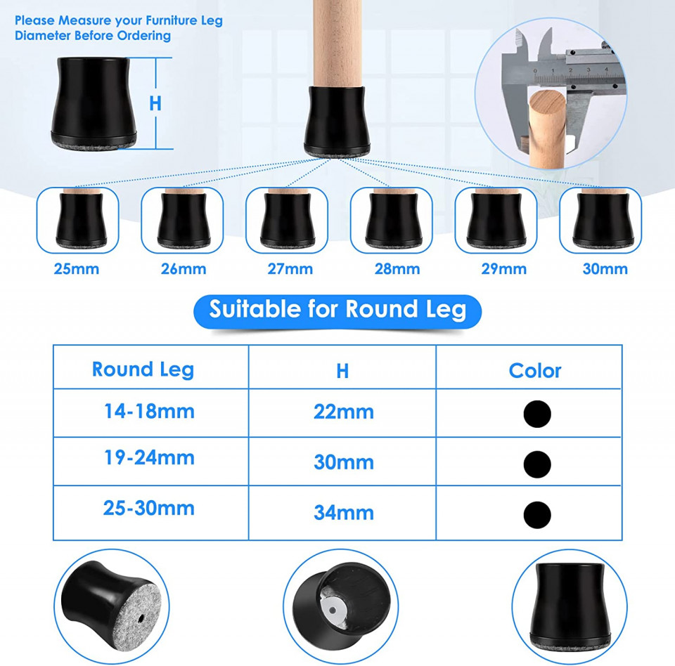 Set de 16 protectii pentru picioarele scaunului Vabneer, negru, silicon/pasla, 25 – 30 mm
