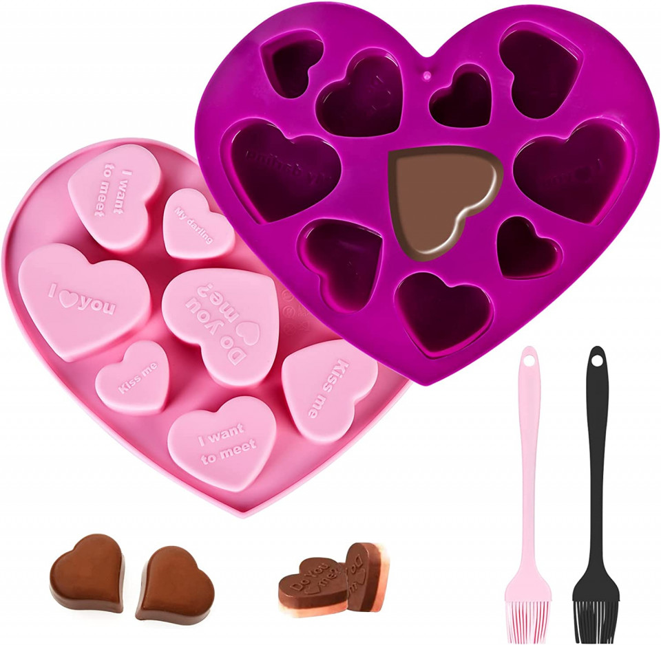 Set de 2 forme pentru ciocolata si 2 pensule Cresbel, silicon, roz/violet/negru, 18 x 15 x 2 cm chilipirul-zilei.ro