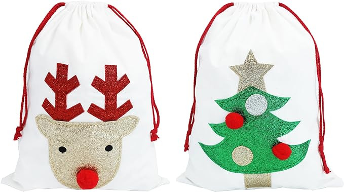 Set de 2 saci pentru cadouri de Craciun PerFest, poliester, alb/rosu/verde, 30 x 40 cm