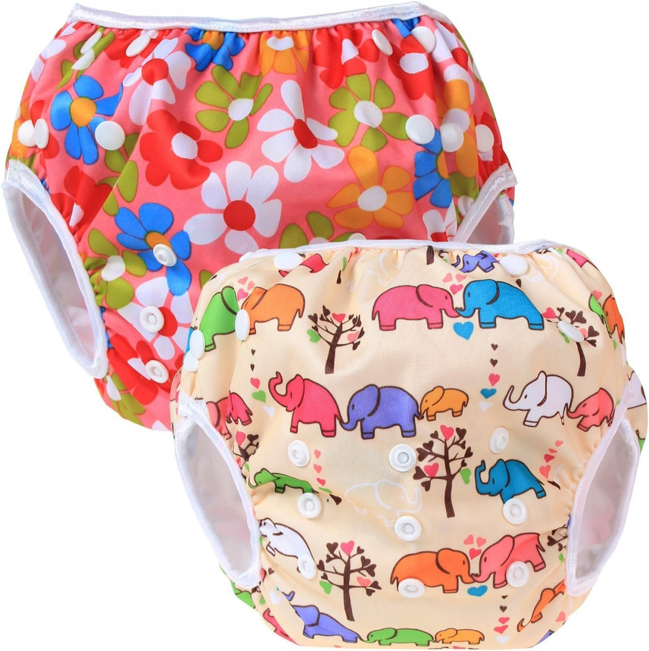 Set de 2 scutece de inot pentru bebelusi Teamoy, model floricele si elefanti, poliester, multicolor, 0-3 ani