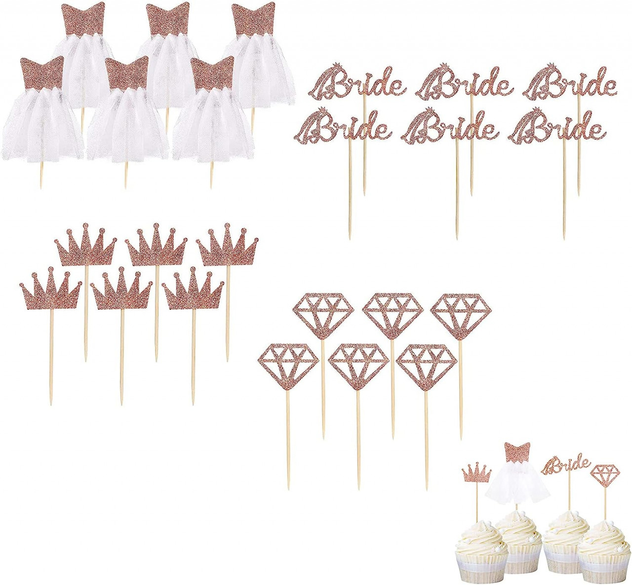Set de 24 decoratiuni pentru decorare tortul miresei Wenyue, hartie/lemn, alb/rose gold, 11-13,9 cm
