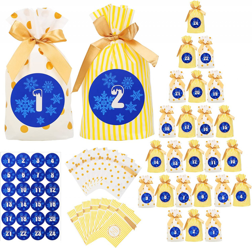 Set de 24 pungi cu autocolante pentru calendar de advent HAMOOM, multicolor, plastic/hartie, 17,5 x 11,8 cm / 5 cm la reduceri zi de zi Accesorii pentru petreceri 2023-09-30