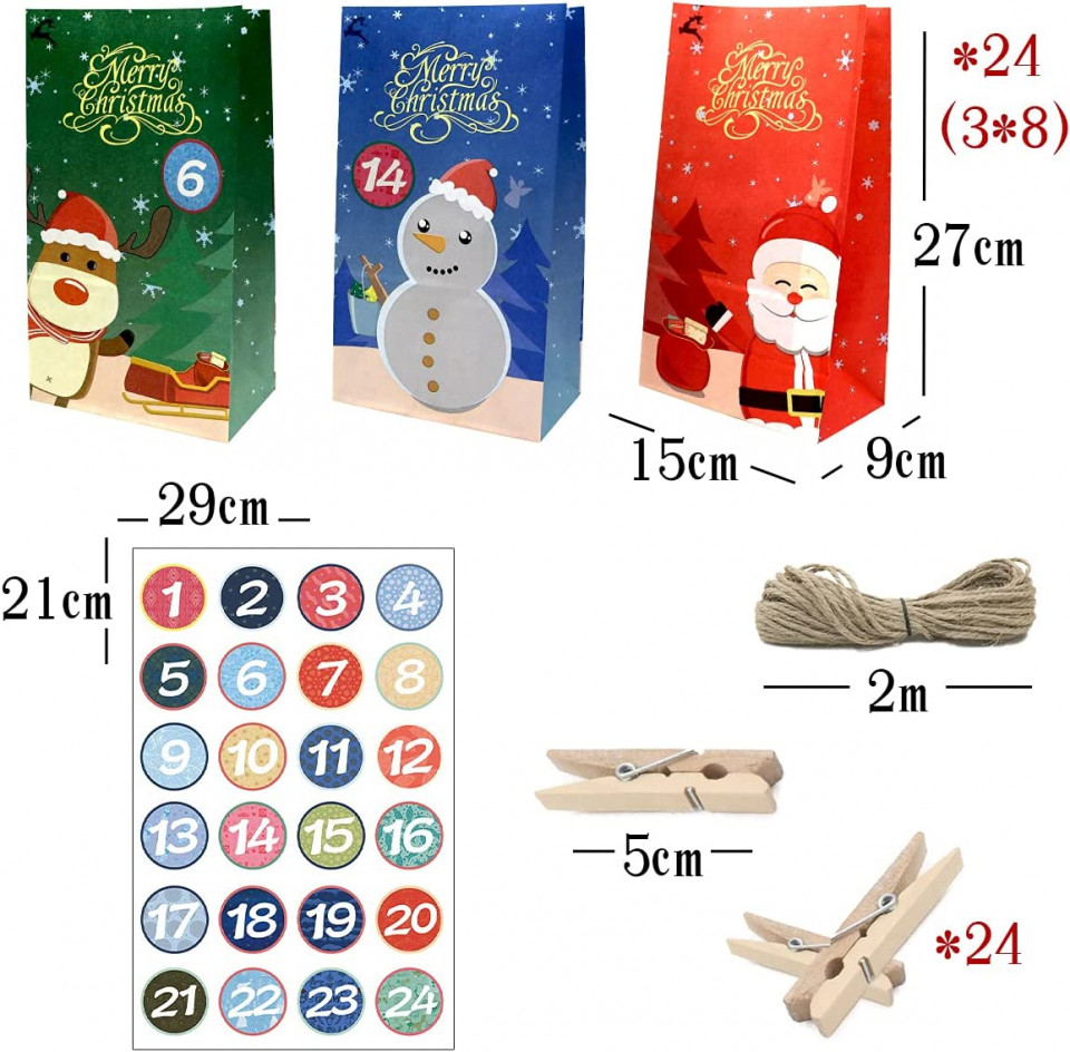 Poze Set de 24 pungi cu autocolante si clips pentru calendar de Advent WEYON, hartie/lemn/textil, multicolor, 15 x 9 x 27 cm