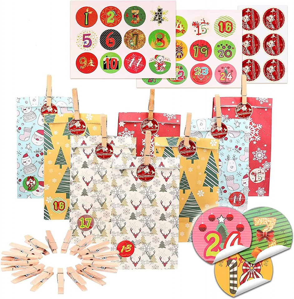 Set de 24 pungi cu autocolante si clipsuri pentru calendar de advent KATELUO, hartie/lemn, multicolor, 22 x 8 x 12 cm /4 cm