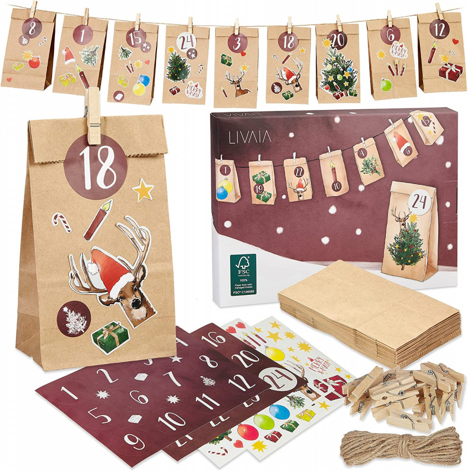 Set de 24 pungi cu autocolante si clipsuri pentru Craciun LIVAIA, hartie, multicolor, 18 x 5, 4 x 8, 9 cm