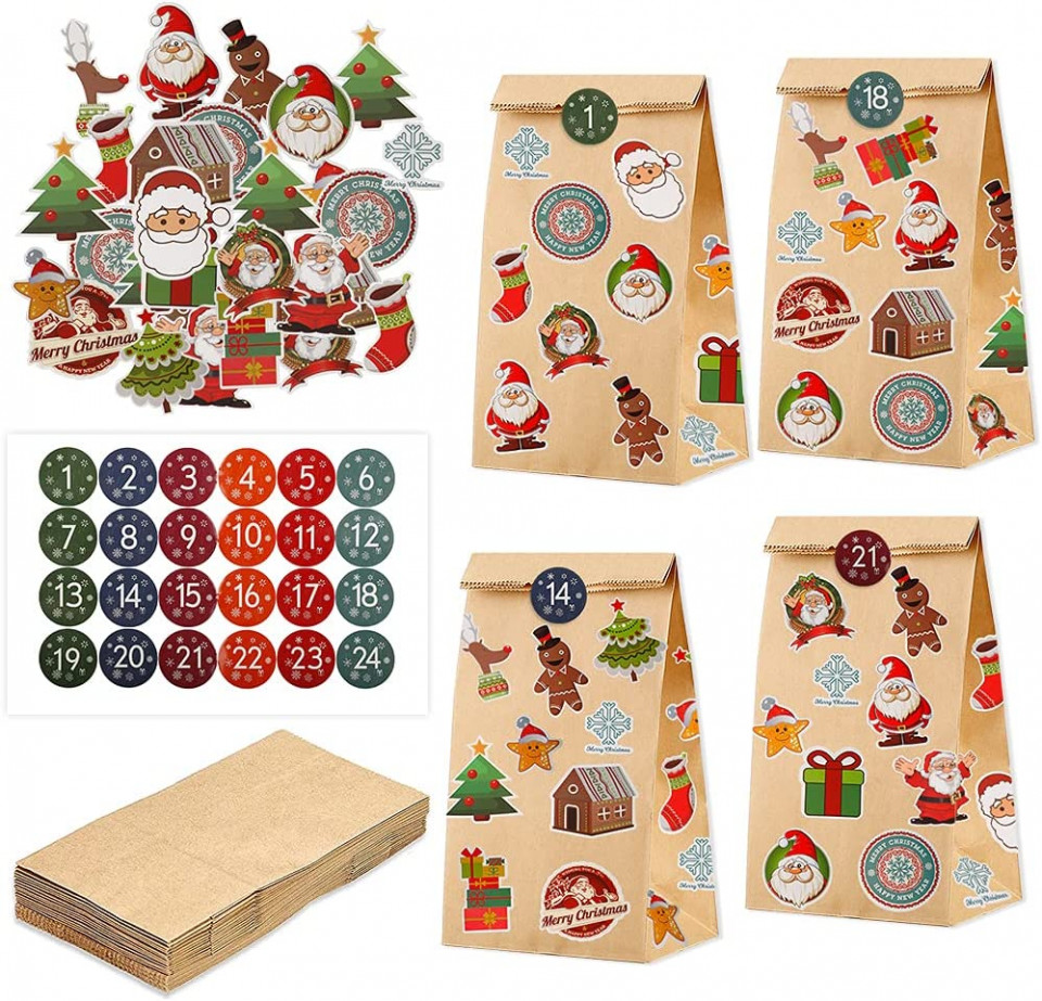 Set de 24 pungi si 124 stickere pentru calendarul de advent Tenwo, hartie/PVC, multicolor, 13 x 8 x 21,5 cm 124 imagine 2022