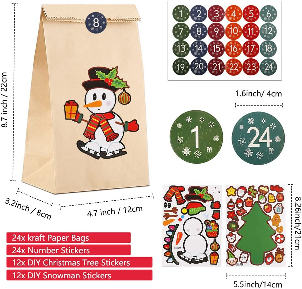 Set de 24 pungi si 48 stickere pentru calendarul de advent Tenwo, hartie/PVC, multicolor, 12 x 8 x 22 cm
