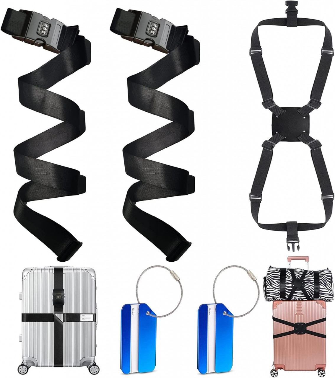 Set de 3 curele si 2 etichete pentru bagaje Nsvepon, plastic/poliester, negru/albastru