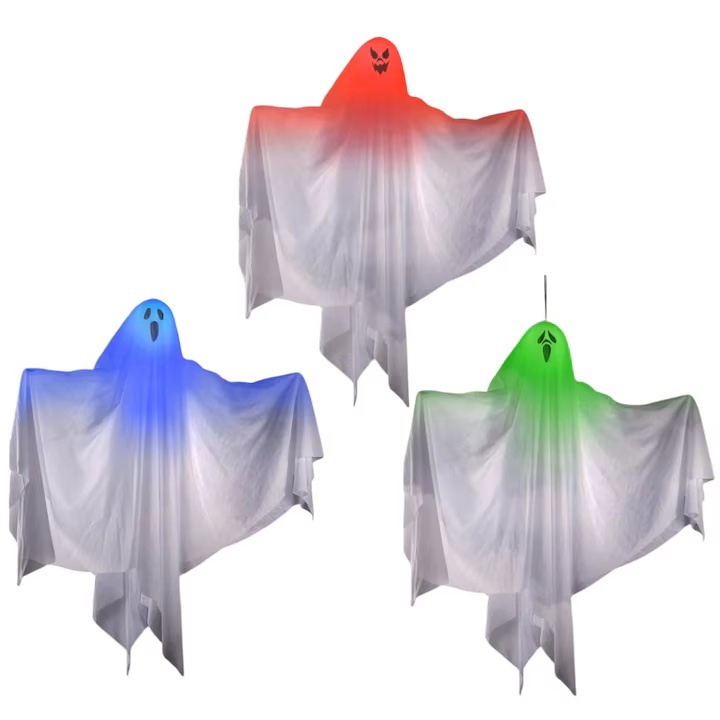 Set de 3 decoratiuni iluminate fantome de Halloween Geulieby, textil, multicolor, 60 x 67 cm
