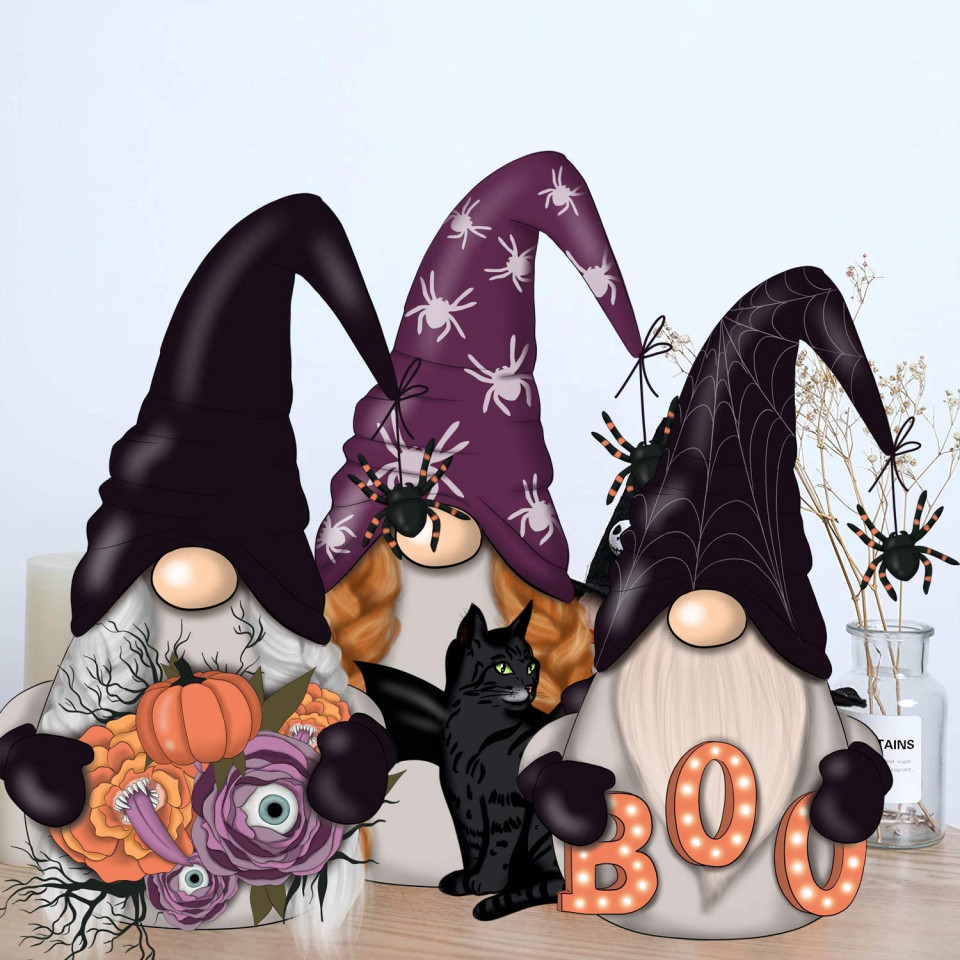 Set de 3 gnomi pentru Halloween Sayala, textil/lemn, multicolor, 28 x 12 x 2 cm