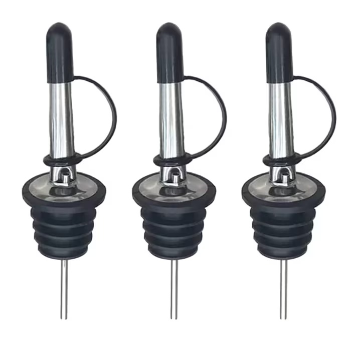 Set de 3 turnatoare pentru sticle Kiuiom, otel inoxidabil/cauciuc, negru/argintiu
