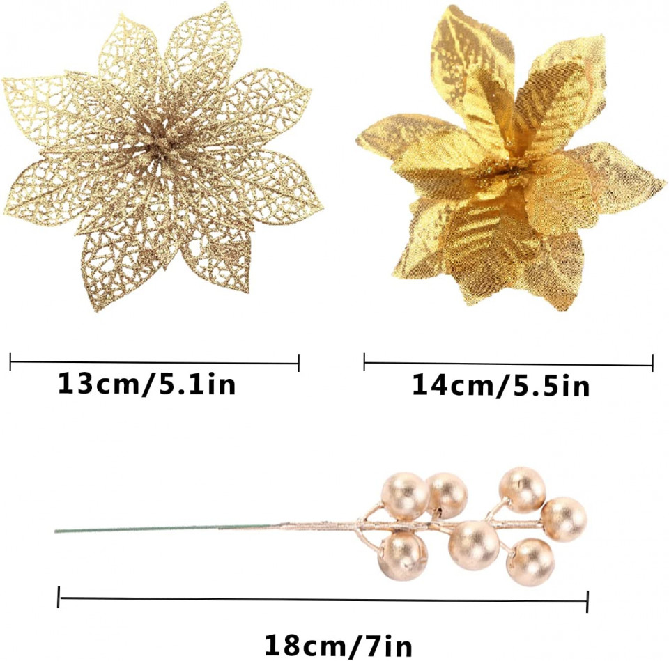 Set de 30 flori artificiale pentru bradul de Craciun Awonlate, plastic, auriu, 13/14/18 cm