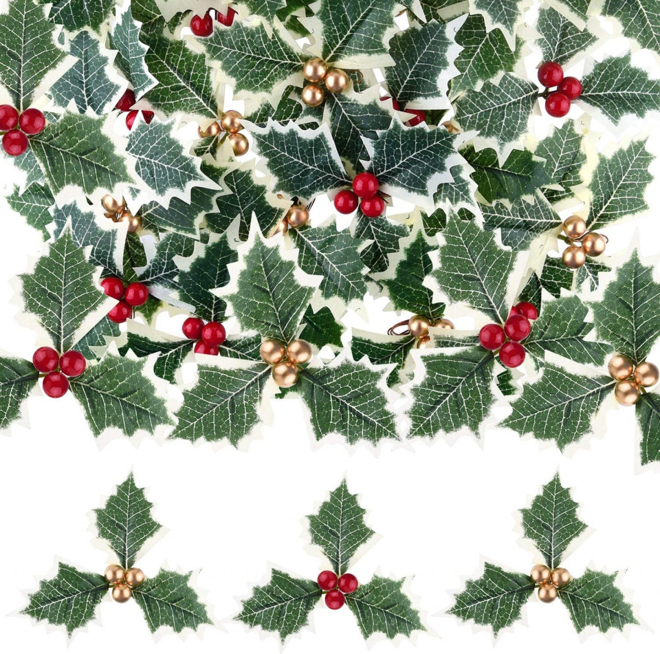 Set de 30 frunze cu fructe artificiale pentru decorare ornamente de Craciun TUPARKA, spuma/poliester, rosu/verde/auriu, 13 cm