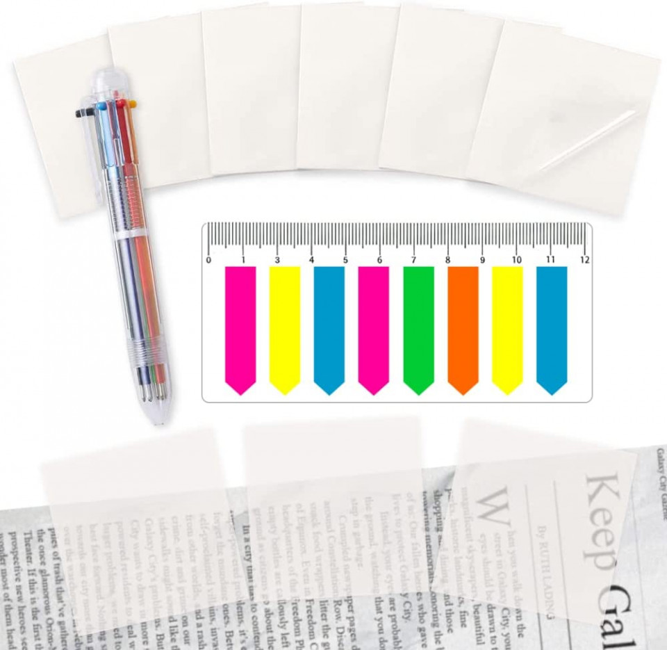 Set de 300 notite transparente cu markeri fluorescenti si pix in 6 culori TUIBEIDAMAI, hartie/plastic, multicolor
