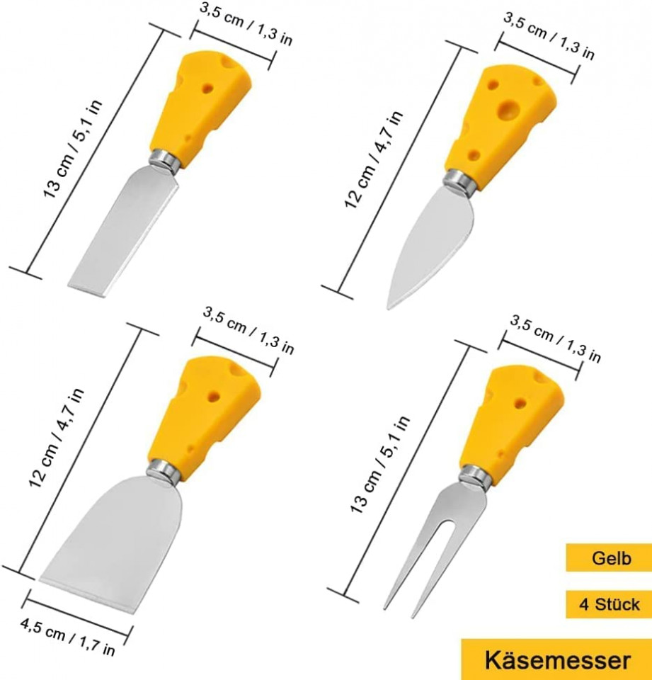 Poze Set de 4 spatule pentru branza SVUPUE, otel inoxidabil, argintiu/galben, 12 x 3,5 cm