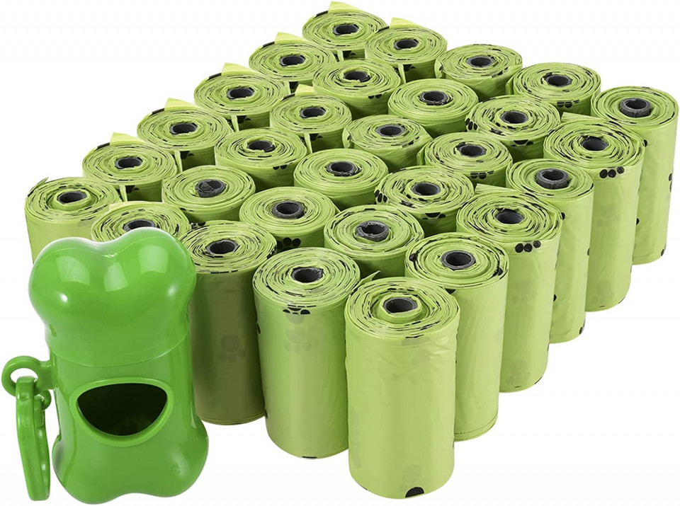Set de 450 saci biodegradabili pentru resturile animalelor FLOWOW, verde/negru, 21 x 33 cm