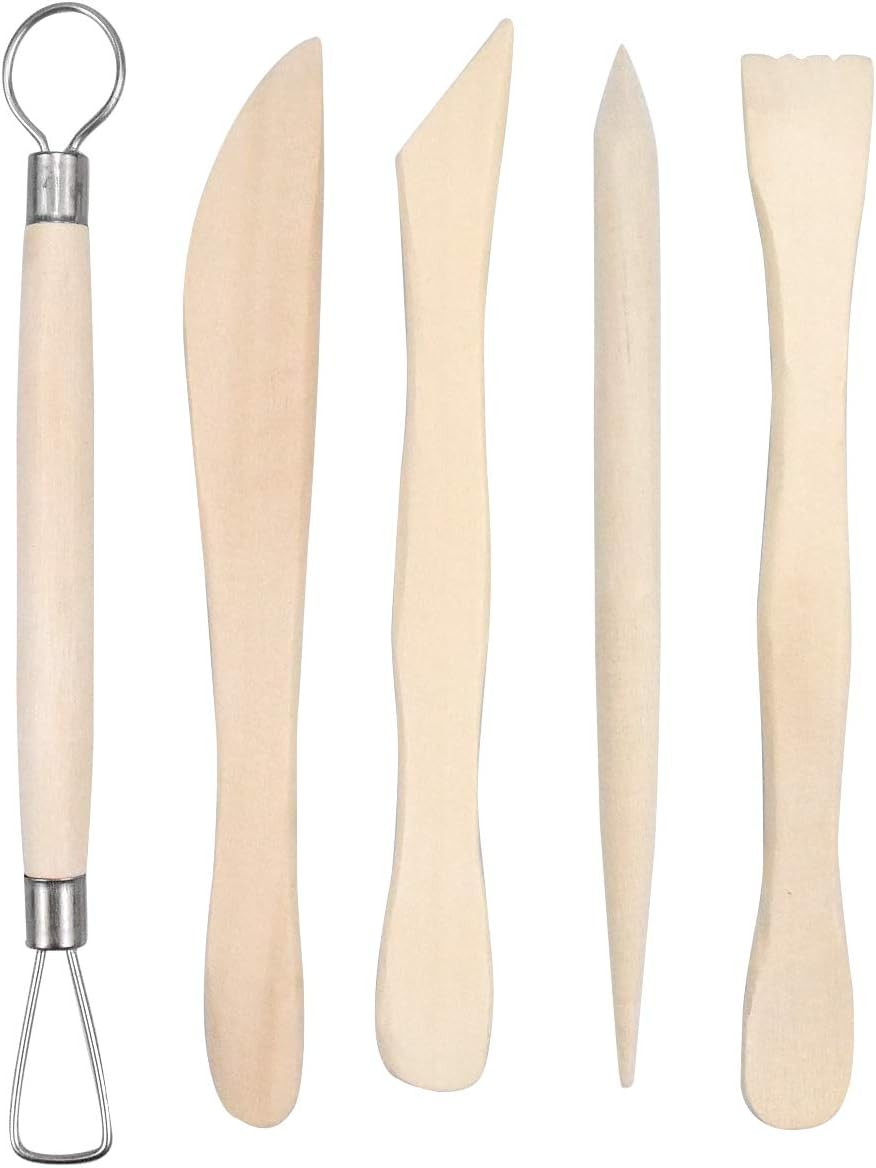 Set de 6 instrumente pentru modelarea argilei Kissral, lemn/metal, natur/argintiu, 14-16 cm