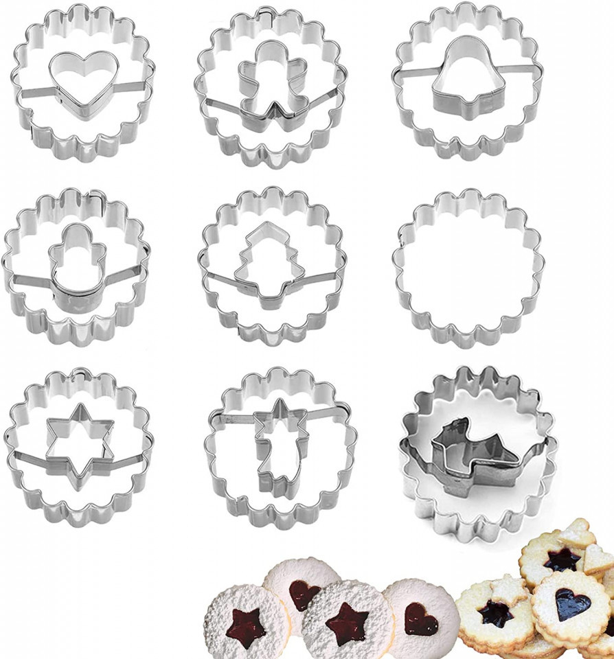 Poze Set de 9 forme de biscuiti OUQIWEN, otel inoxidabil, argintiu, 4,5 x 4,5 cm