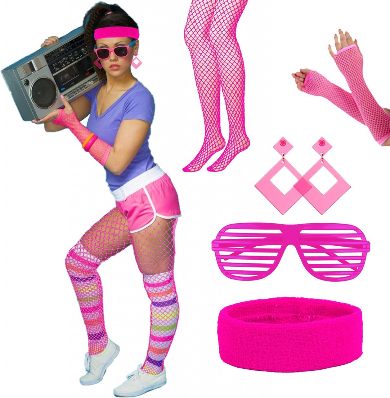 Set de accesorii pentru dama LOPOTIN pentru petrecere retro, 5 piese, tesatura/plastic, roz, marimea M