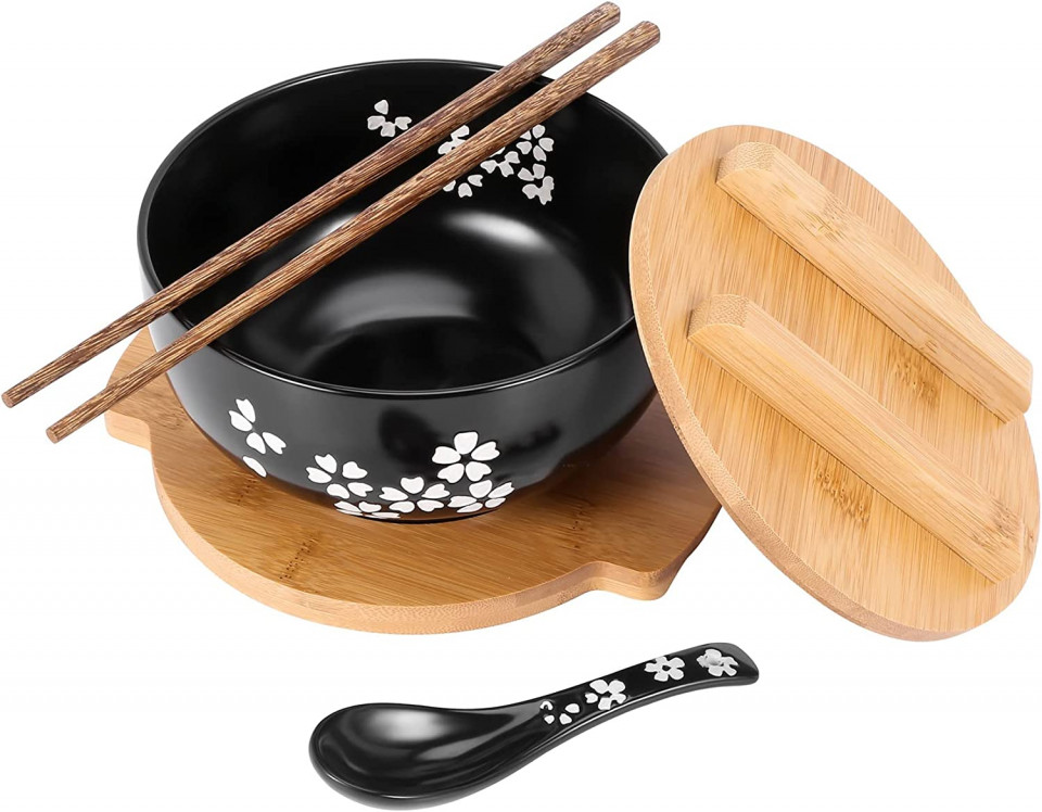 Set de bol japonez cu capac, betisoare, lingurita si suport YULIN, ceramica/lemn, natur/negru/alb, 1000 ml