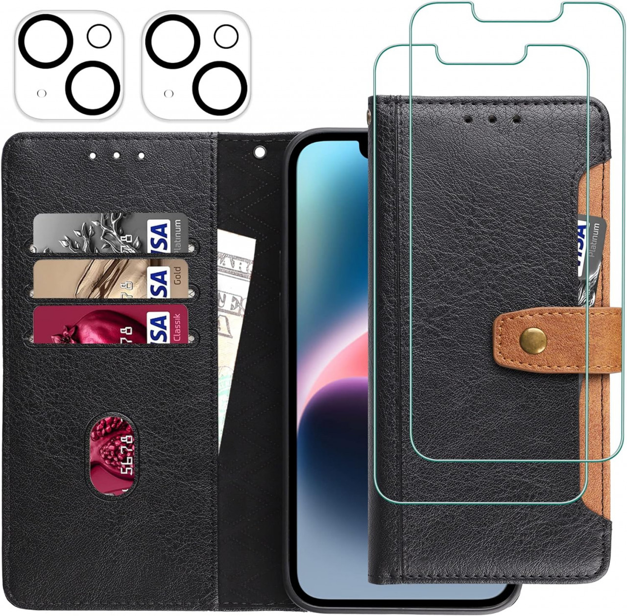 Set de husa cu 2 folii de protectie ecran si 2 pentru camera compatibil cu IPhone 14 Plus Gimane, piele PU/sticla securizata, negru, 6,7 inchi