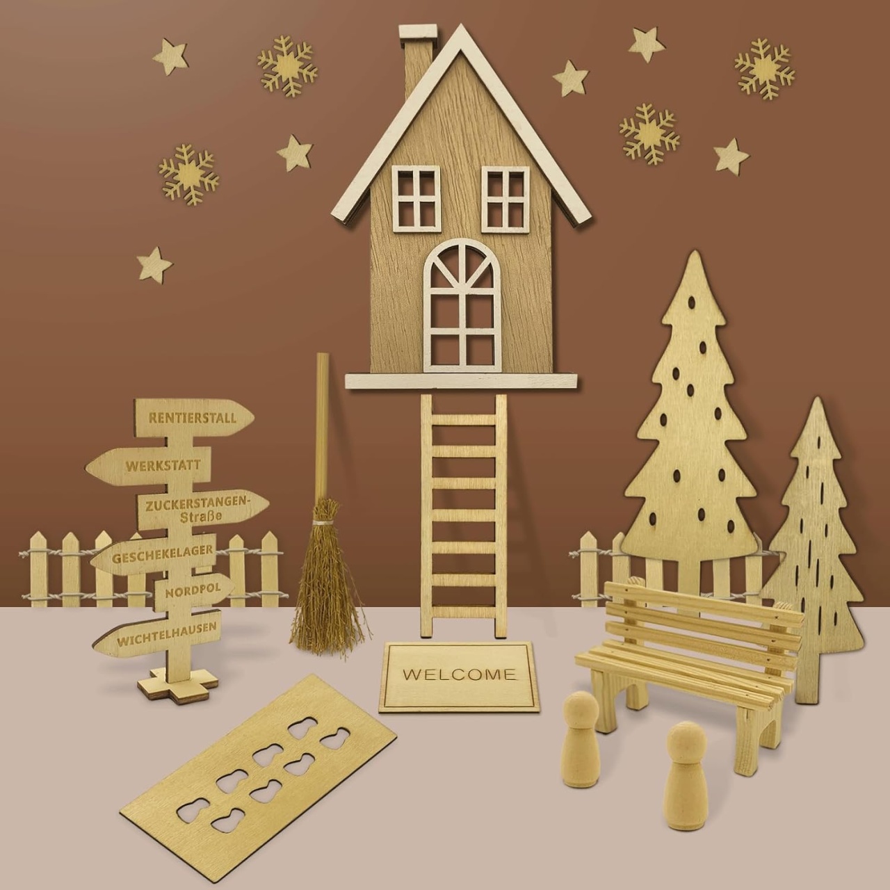 Set de mini-decoratiuni pentru Craciun Heimcore, lemn, natur, 25 piese