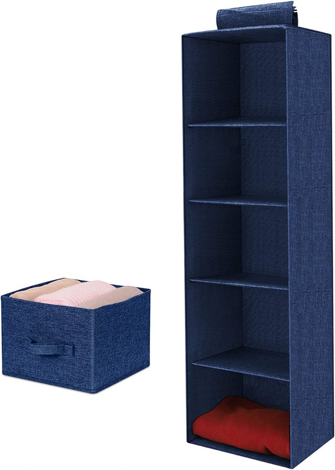 Set de organizator de haine cu 5 nivele si sertar de depozitare Tigerkinwit, bumbac/PP, albastru, 26 x 27 x 98 cm / 25,5 x 26,5 x 17cm