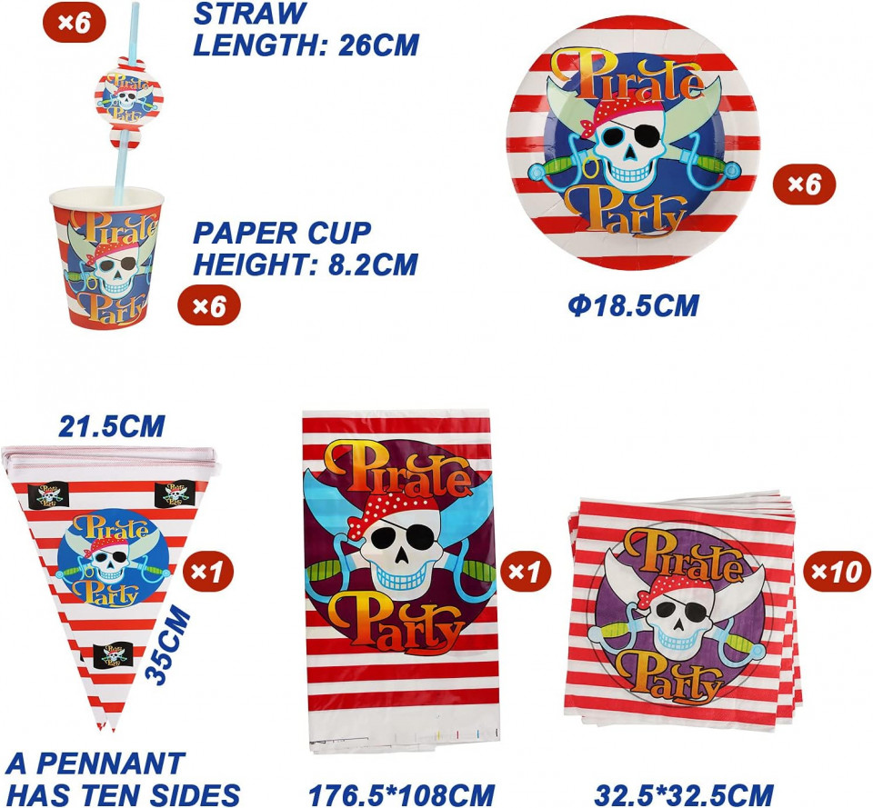 Poze Set de vesela pentru petrecere Yisscen, tematica pirat, hartie, multicolor, 30 piese
