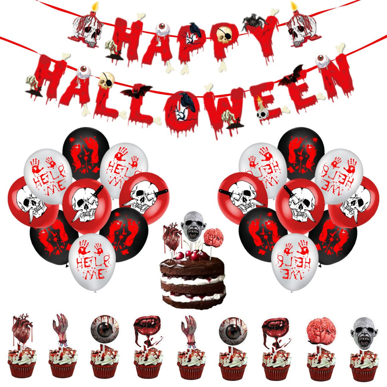Set decoratiuni pentru Halloween Fyvadio, hartie/latex, alb/rosu/negru, 32 piese