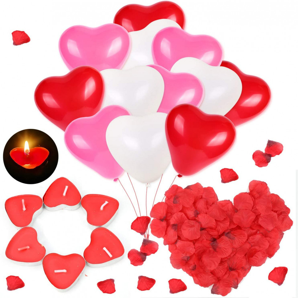 Set decorativ Howaf, 50 lumanari, 60 baloane si 1000 petale de trandafir, rosu/alb/roz image11
