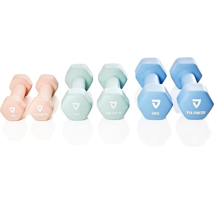 Set gantere VIA FORTIS, 2x1 Kg, 2x2 Kg, 2x3 Kg, premium, din fonta cu invelis din neopren, Resigilat, Grad A